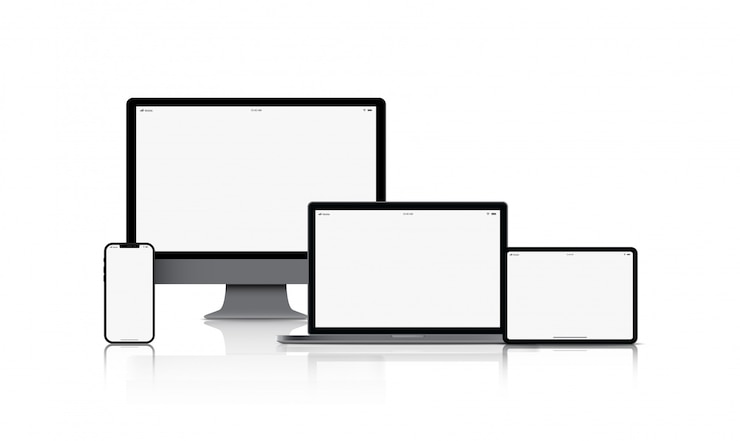 Vettore dispositivo gadget mockup. smartphone, tablet, laptop e monitor per computer di colore nero con schermo bianco isolato
