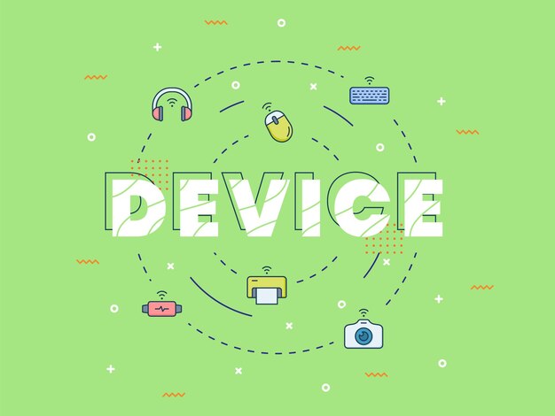 Dispositivo iot internet of things concetto con un grande testo al centro e un'icona diffusa con un'illustrazione vettoriale moderna in stile piatto