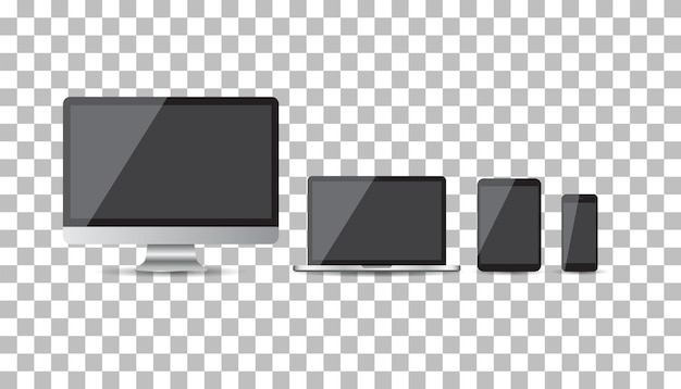 Dispositivo realistico piatto Icone smartphone tablet portatile e computer desktop Illustrazione vettoriale su sfondo isolato