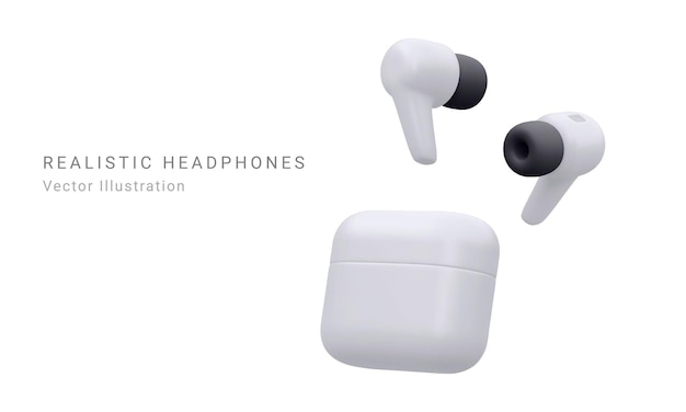Dispositivo tecnologico per cuffie wireless 3d bianco dettagliato realistico Illustrazione vettoriale degli auricolari Bluetooth nella custodia di ricarica Rendering 3D vettoriale