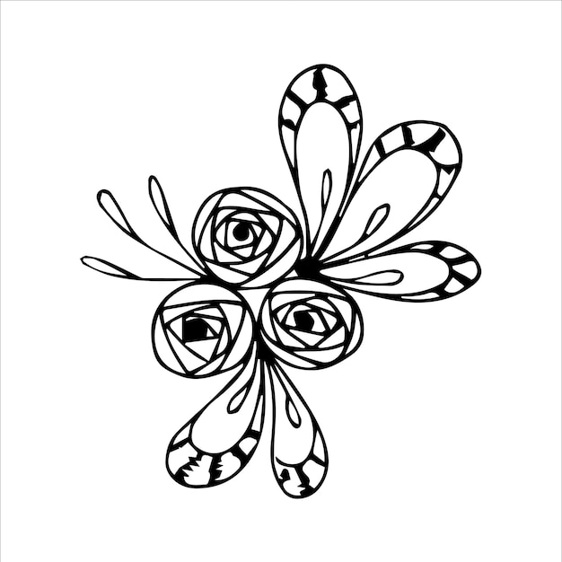 Disposizione di bouquet di fiori disegnati a mano in stile doodle o schizzo di colore bianco e nero