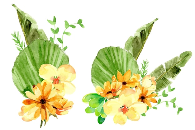 Disposizione di girasole e succulenta con vettore premium dell'acquerello del mazzo floreale della foglia di banana