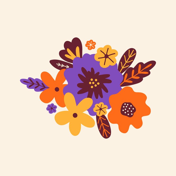 Disposizione floreale di boccioli e foglie Bouquet estivo Illustrazione botanica Fiori stilizzati