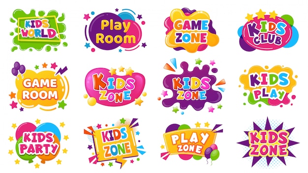 Distintivi di intrattenimento per bambini. Etichette per feste nella sala da gioco, educazione dei bambini e elementi del club di intrattenimento. Insieme dell'illustrazione di zona di gioco del bambino. Area giochi, zona bambini e ragazzi per il gioco