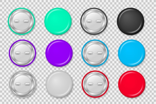 Distintivi Pinback 3d bottoni a spillo rotondi fissati sul retro Spilla mockup con etichetta in metallo lucido cerchio