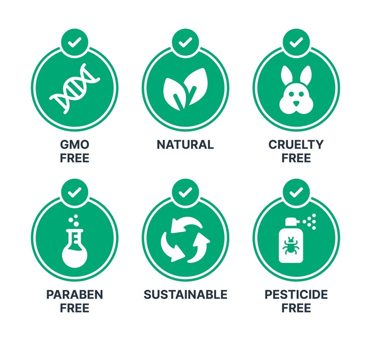 Distintivi senza OGM, naturali, cruelty free, sostenibili, senza pesticidi e senza parabeni. Illustrazione vettoriale