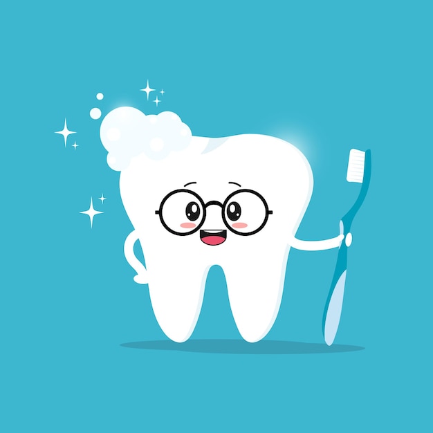 Distintivo del dente sorridente Personaggio carino pulisce un dente sano con uno spazzolino da denti dell'odontoiatria per bambini