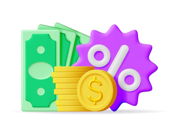Distintivo dell'icona del segno di percentuale 3D con denaro