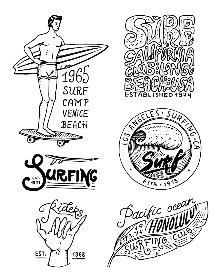 Vettore distintivo di surf e palma d'onda e tropici oceanici e uomo della california sull'estate della tavola da surf