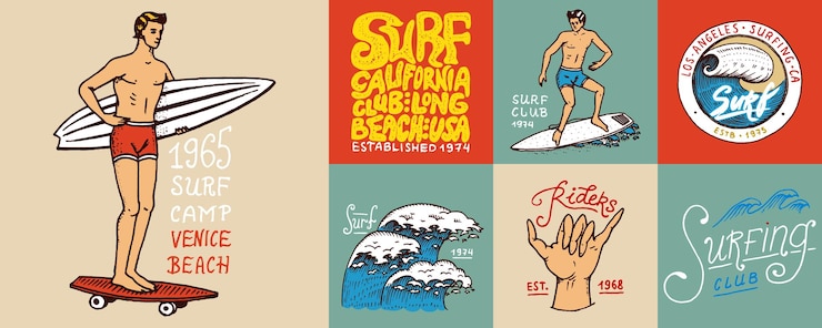 Vettore distintivo di surf e palma d'onda e tropici oceanici e uomo della california sull'estate della tavola da surf