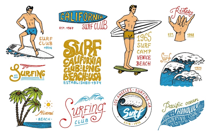 Vettore distintivo di surf e palma d'onda e tropici oceanici e uomo della california sull'estate della tavola da surf