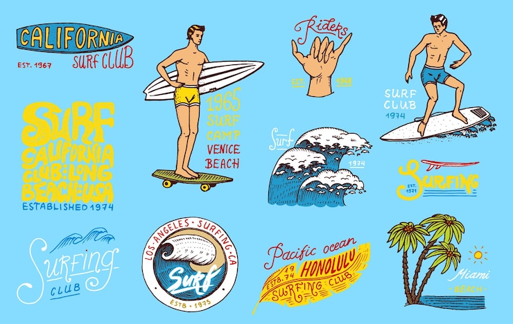Vettore distintivo di surf e palma d'onda e tropici oceanici e uomo della california sull'estate della tavola da surf