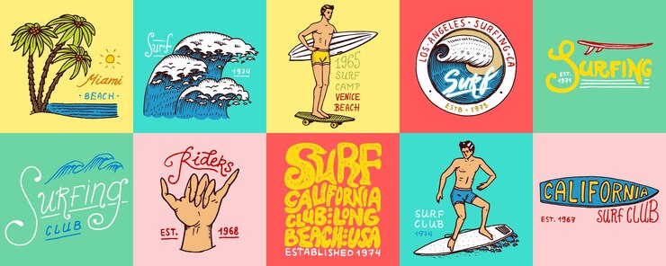 Vettore distintivo di surf e palma d'onda e tropici oceanici e uomo della california sull'estate della tavola da surf