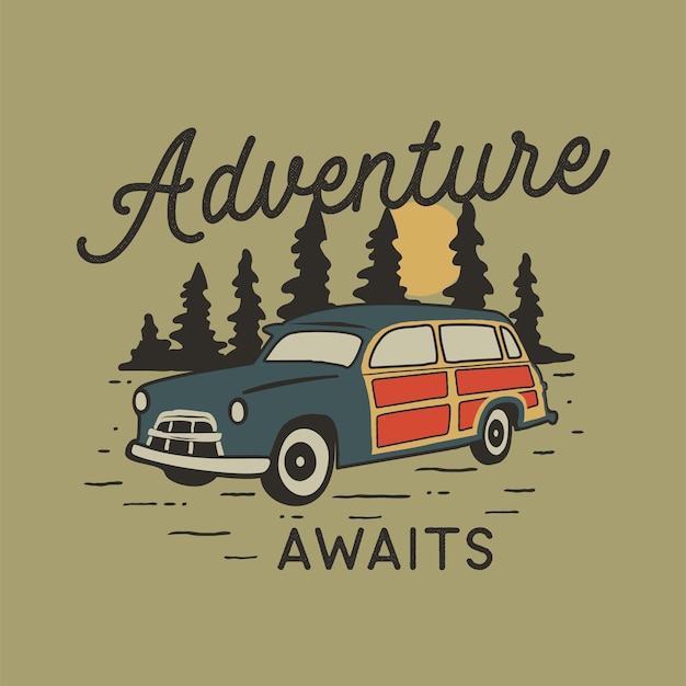 Distintivo di viaggio disegnato a mano vintage con auto da campo, foresta di pini.