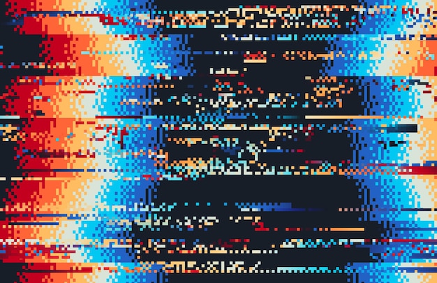 Distorsione video glitch di errore dello schermo con motivo vettoriale di rumore pixel arcobaleno. Effetto schermo statico TV e sfondo astratto trama video VHS rotto con onde di mosaici e linee di colore