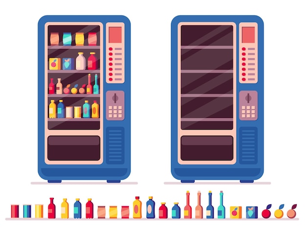 Distributore automatico completo Distributore automatico di snack e bevande con snack e bevande, prodotti freschi freddi e caldi Distributore automatico vettoriale con set di snack e bevande Acquisto di cibi e bevande