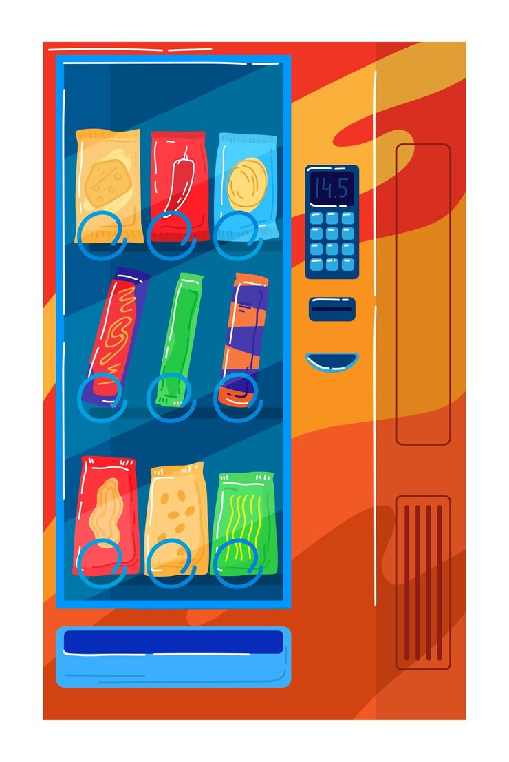 Vettore distributore automatico di cibo tecnologia commerciale passiva business design stile cartone animato vettore