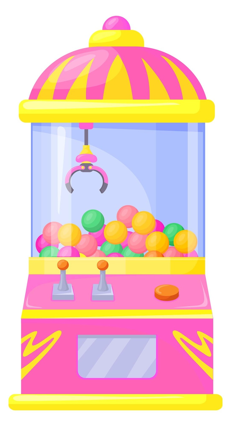 Vettore distributore automatico di palline con artiglio di presa gioco di cartoni animati isolato su sfondo bianco