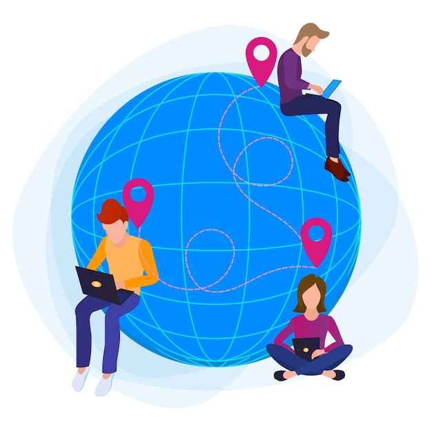 Distribuzione del lavoro di gestione remota del team di outsourcing globale Dipendenti presso un computer portatile in diversi luoghi della terra