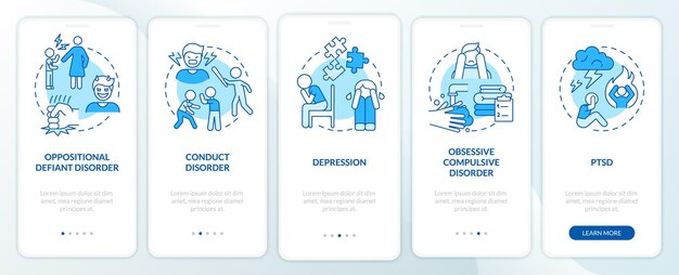 Disturbi mentali dell'infanzia schermata dell'app mobile di onboarding blu Procedura dettagliata in 5 passaggi pagine di istruzioni grafiche con concetti lineari Modello GUI UI UX Myriad ProBold Font regolari utilizzati