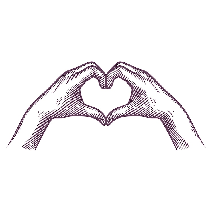 Vettore dita della mano che fanno a forma di cuore in stile incisione. simpatico gesto del focolare del dito