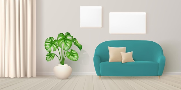 Divano teal con cuscino su quercia pavimento in legno duro con tenda di piante d'appartamento poster bianco vuoto con spazio di copia decorazione accogliente dell'hotel illustrazione vettoriale
