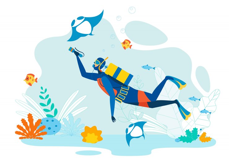 Vettore diver exploring marine life flat 
