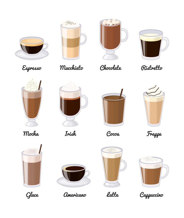 Diverse bevande al caffè isolate su sfondo bianco
