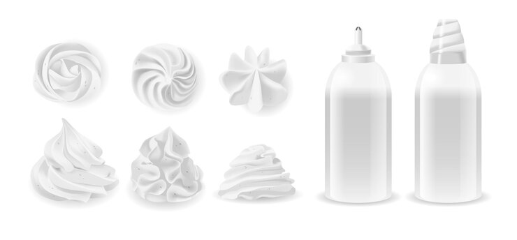 Vettore diverse creme battute e due tipi di distributori in stile monocromatico isolato vettore 3d realistico