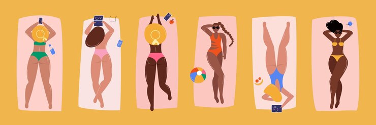 Vettore diverse donne che prendono il sole in spiaggia illustrazione vettoriale