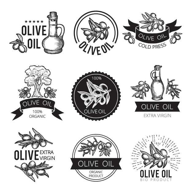 Diverse etichette monocromatiche di prodotti e ingredienti di oliva. Immagini vettoriali per design del pacchetto con posto per il vostro testo