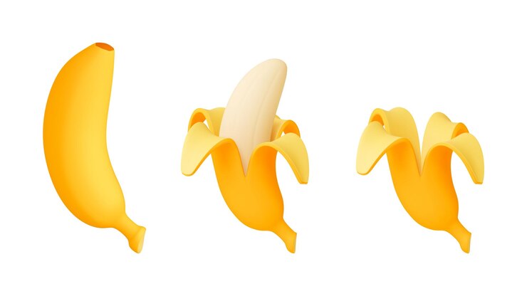 Vettore diverse icone di banane 3d banane e buccia mangiando frutta esotica oggetti di rendering vettoriali di cibi dolci naturali tropicali isolati