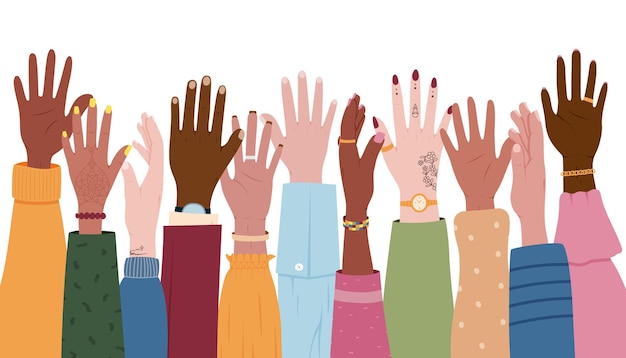 Diverse mani di cultura Persone diversità razziale Uguaglianza volontaria unita Gruppo sociale multiculturale Unità comunitaria Braccia alzate Maniche e accessori Illustrazione colorata vettoriale