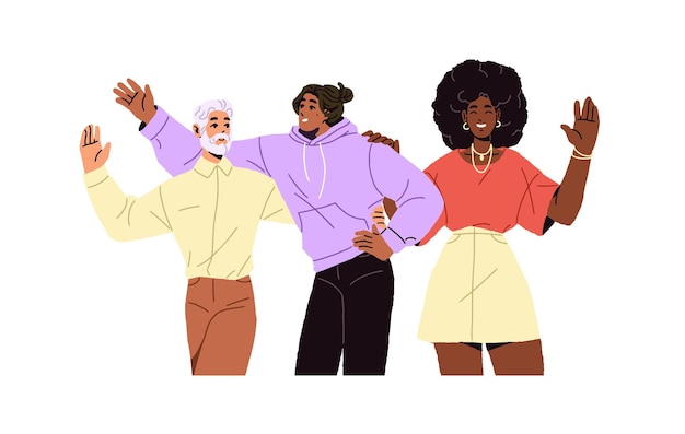 Diverse persone che salutano agitando la mano insieme Gruppo multietnico di personaggi vecchi e giovani dice ciao gesticolando Uomini e donne felici che accolgono Illustrazione vettoriale isolata piatta su sfondo bianco