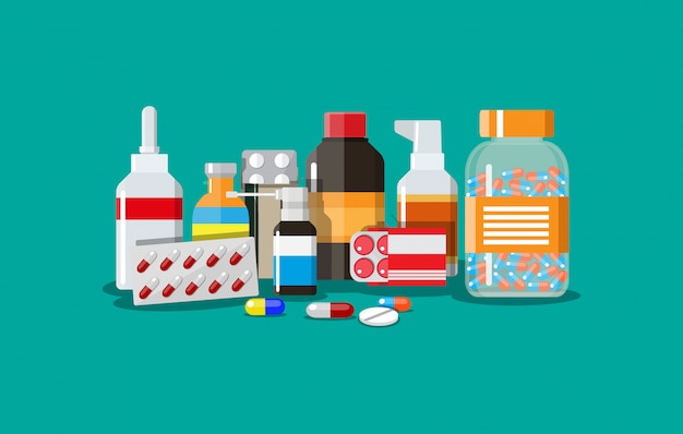 Diverse pillole e bottiglie mediche