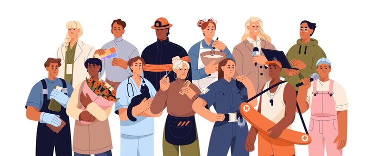Vettore diverse professioni ritratto di gruppo persone con diverse occupazioni professionali in piedi insieme lavoratori di vari lavori medico polizia vigile del fuoco minatore illustrazione vettoriale isolata piatta su bianco