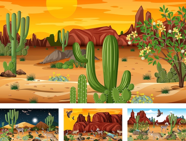 Diverse scene con paesaggi forestali desertici con animali e piante