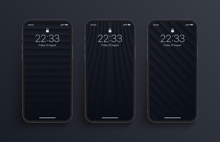 Diverse varianti Sfondo geometrico minimalista con linee morbide in 3D nero impostato sullo schermo dello smartphone realistico con foto isolato su sfondo scuro. Screensaver sfocati astratti verticali per smartphone