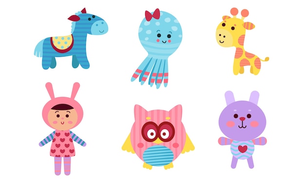 Diversi bambini animali personaggi di cartoni animati o giocattoli Piccola ragazza carina e colorata e bambini di cavallo medusa zebra gufo coniglio illustrazioni vettoriali isolate sullo sfondo bianco