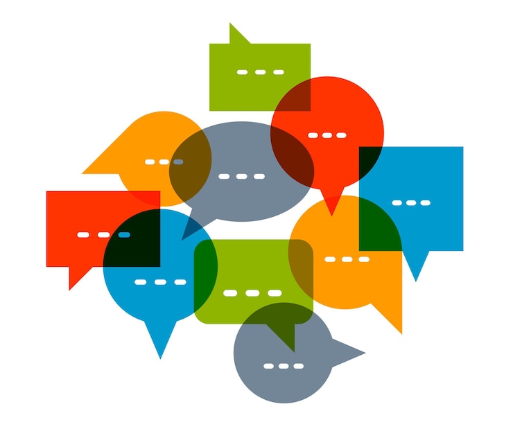Vettore diversi fumetti composizione vettore design piatto isolato su bianco, concetto di comunicazione globale, discussione pubblica o metafora della diversità delle opinioni, conferenza o brainstorming.