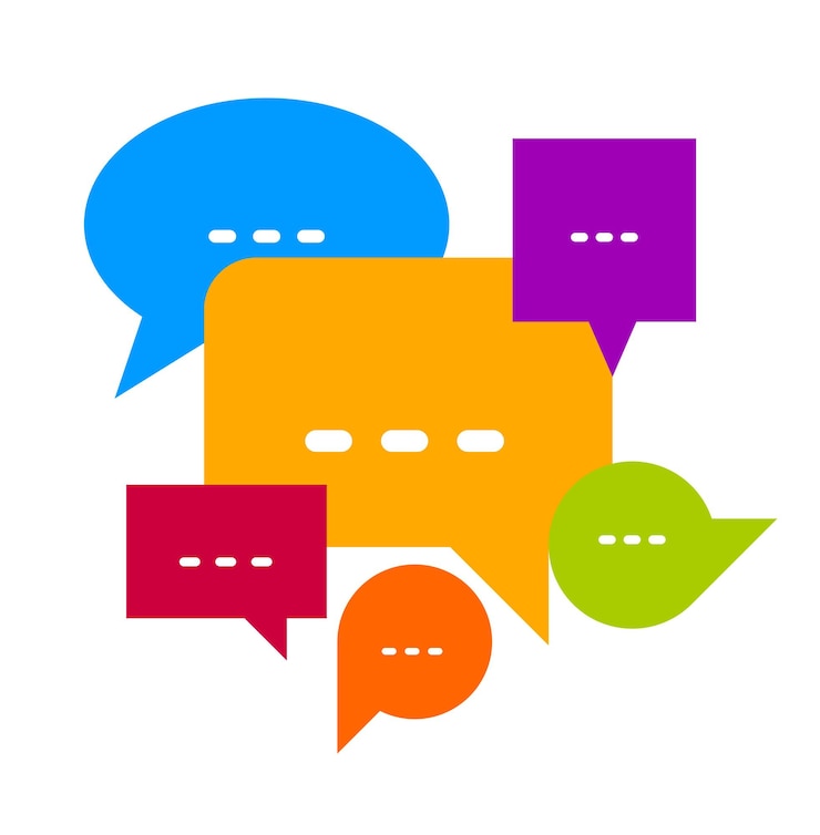 Vettore diversi fumetti composizione vettore design piatto isolato su bianco, concetto di comunicazione globale, discussione pubblica o metafora della diversità delle opinioni, conferenza o brainstorming.