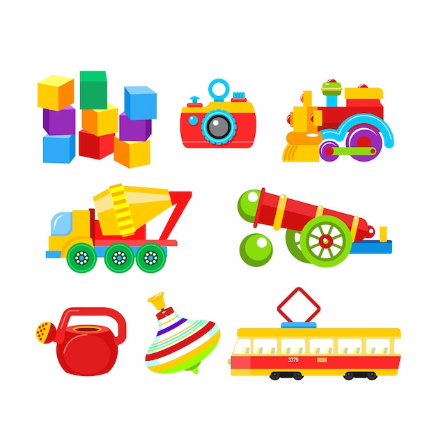 Diversi giocattoli per bambini colorati.
