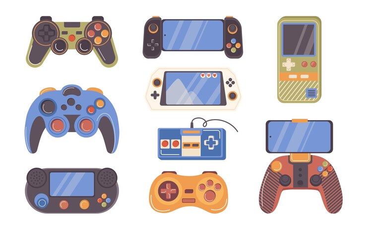 Vettore diversi joystick wireless vari gamepad e console di controllo per videogiochi per computer o telefono cellulare isolati su sfondo bianco roba da gioco per piacere rilassarsi tempo illustrazione vettoriale