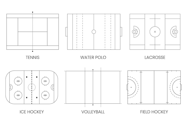 Diversi tipi di campi sportivi Tennis Polo acquatico Lacrosse Hockey su ghiaccio Volleyball Hockey su campo