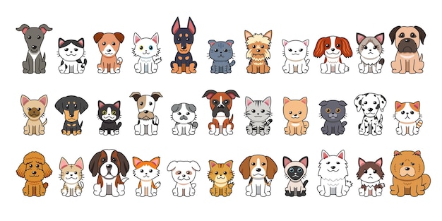 Diversi tipi di cani e gatti dei cartoni animati vettoriali per il design.