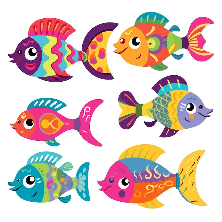 Vettore diversi tipi di cartoni animati elegante collezione di pesci colorati vita marina per acquario clip art nurser