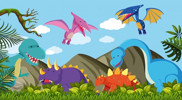 Diversi tipi di dinosauro in natura