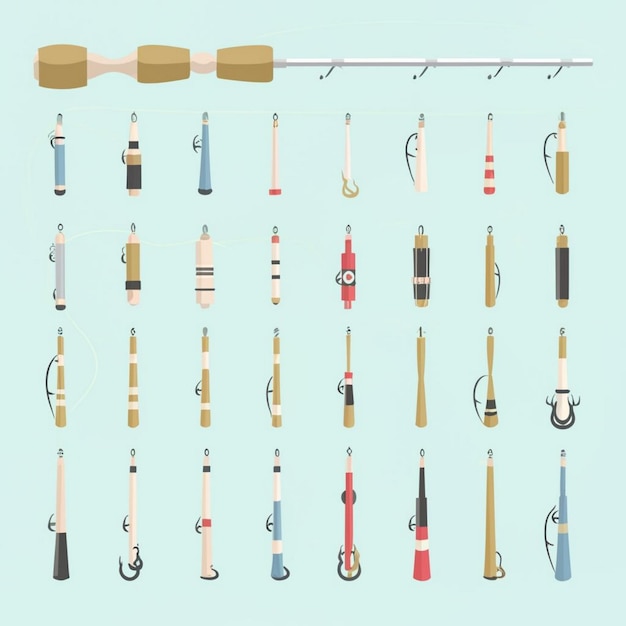 Diversi tipi di elementi di pesca e set di illustrazioni di canne