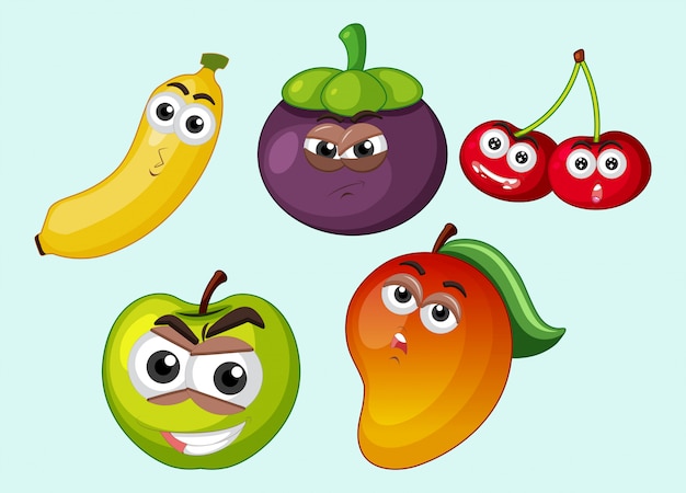 Diversi tipi di frutta con espressioni facciali