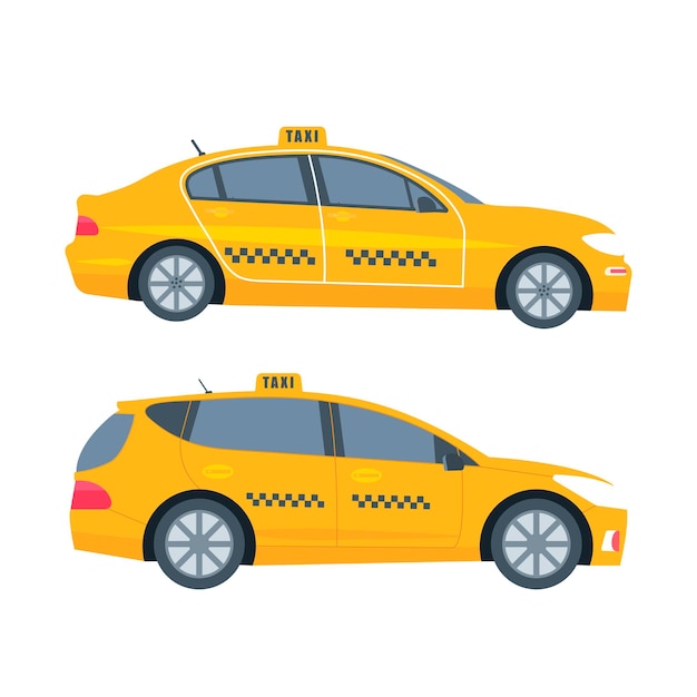 Diversi tipi di macchina cabina gialla isolati su sfondo bianco. Concetto di servizio di taxi pubblico. Illustrazione vettoriale piatto.